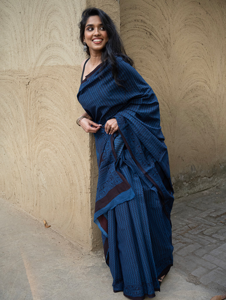 Exclusive Bagh Hand Block Printed Cotton Saree - Blue ZigZags