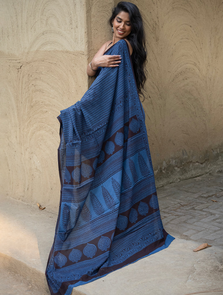 Exclusive Bagh Hand Block Printed Cotton Saree - Blue ZigZags