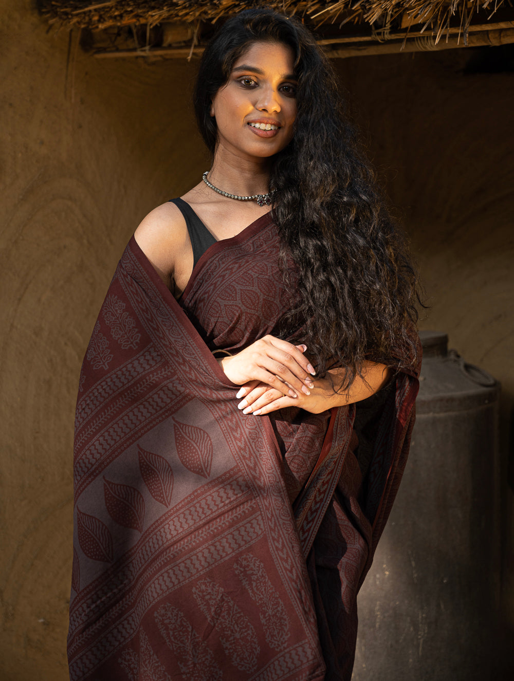 Load image into Gallery viewer, Exclusive Bagh Hand Block Printed Cotton Saree - Brown Leaf
