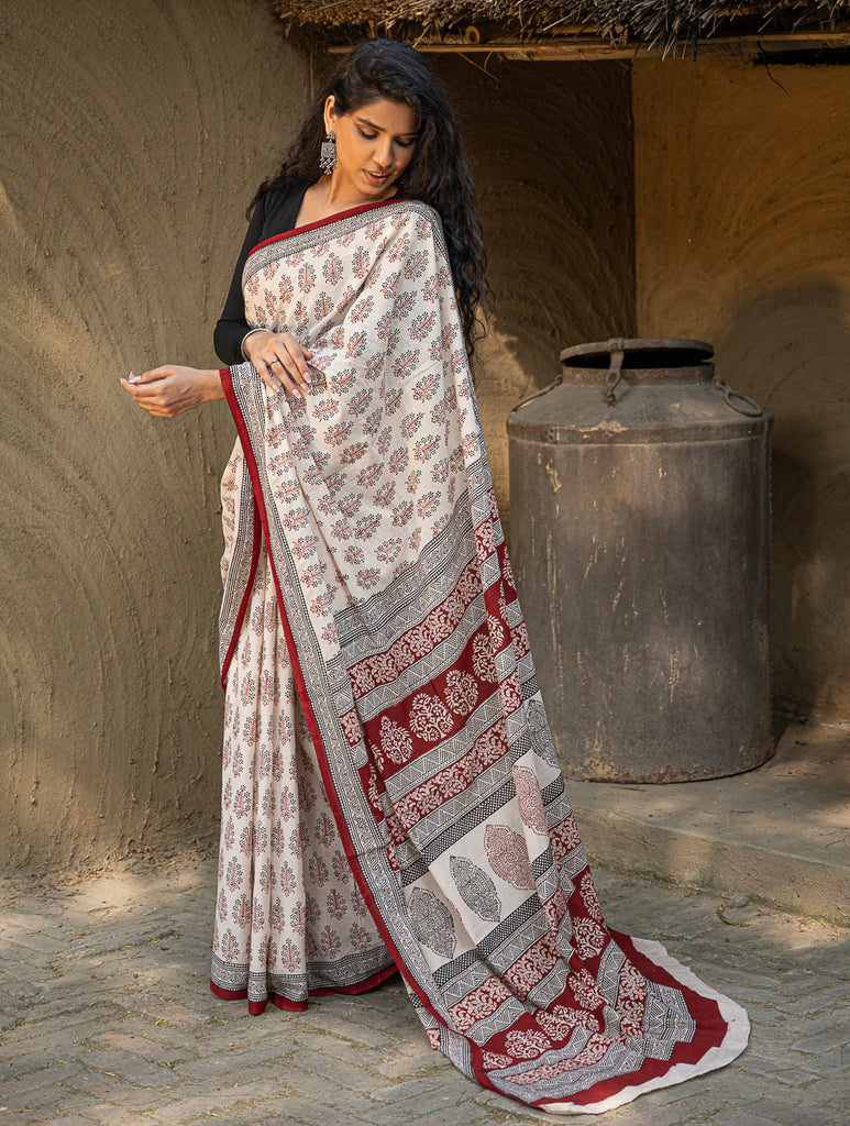 Exclusive Bagh Hand Block Printed Cotton Saree - Elegant Floral
