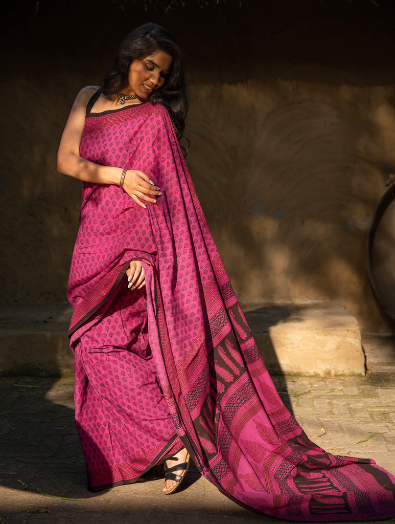 Exclusive Bagh Hand Block Printed Cotton Saree - Flora