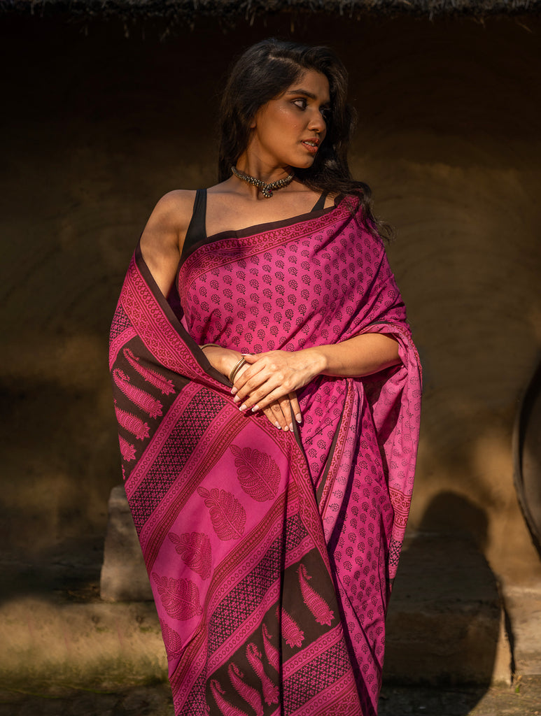 Exclusive Bagh Hand Block Printed Cotton Saree - Flora