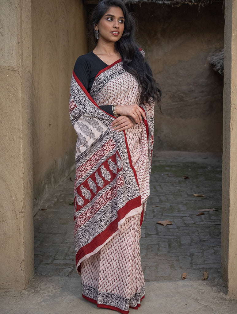 Exclusive Bagh Hand Block Printed Cotton Saree - Floral Buds