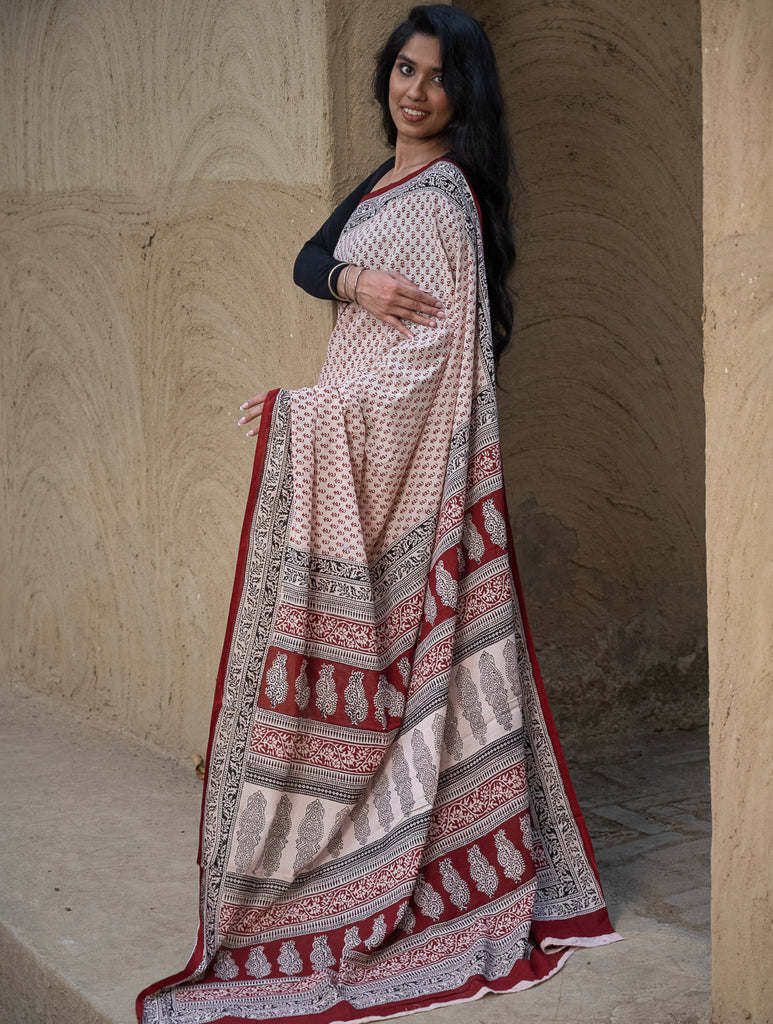 Exclusive Bagh Hand Block Printed Cotton Saree - Floral Buds