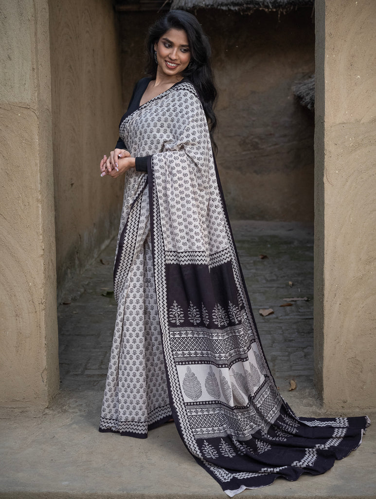 Exclusive Bagh Hand Block Printed Cotton Saree - Floral Geometry