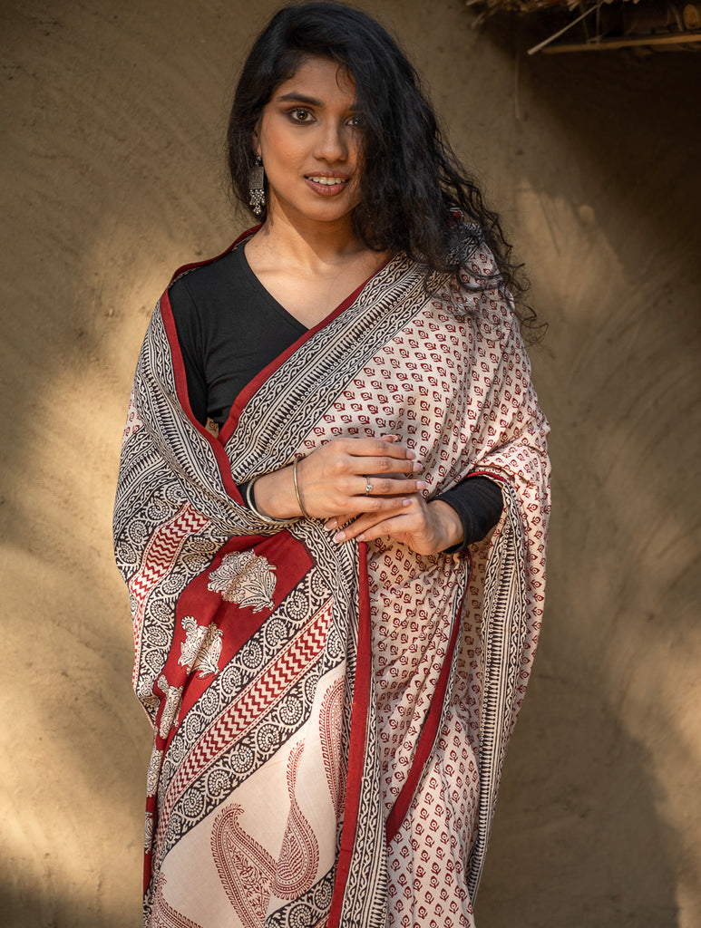 Exclusive Bagh Hand Block Printed Cotton Saree - Floret Buds