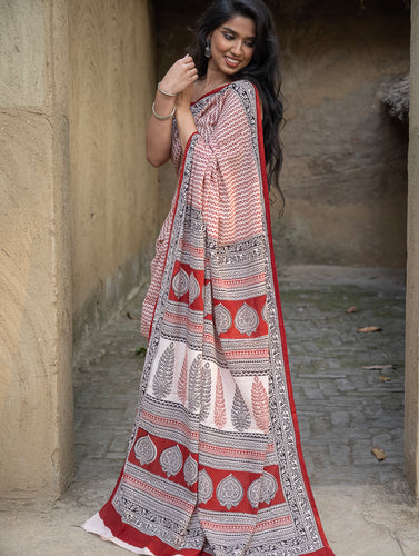 Exclusive Bagh Hand Block Printed Cotton Saree - Geometrics