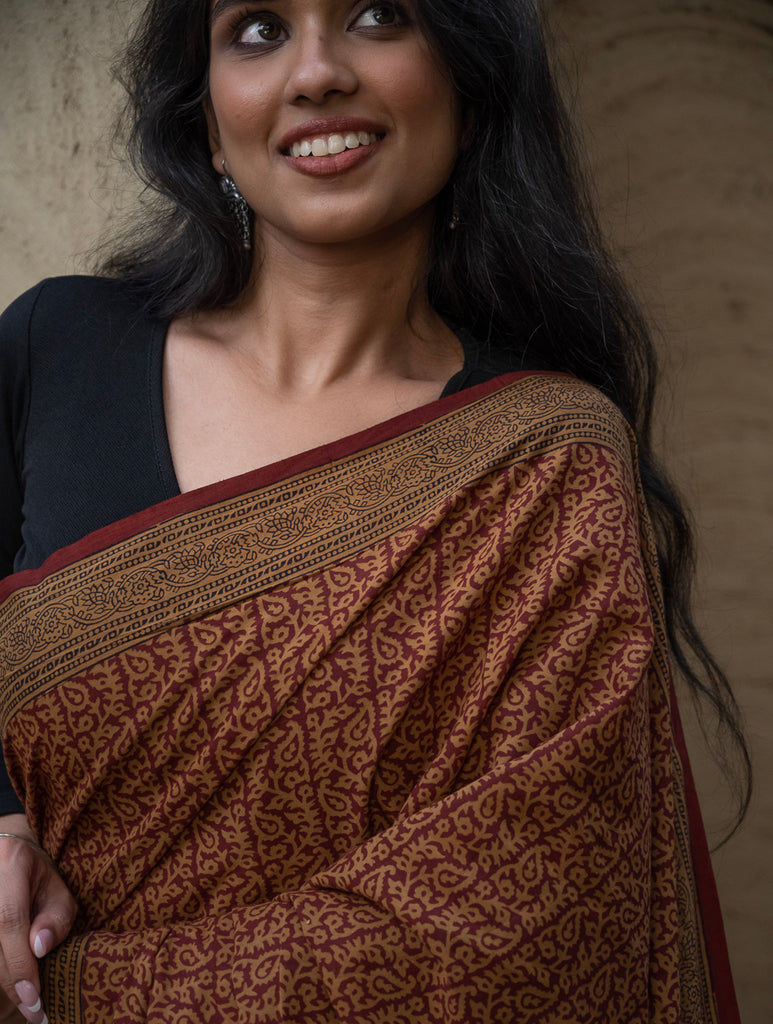 Exclusive Bagh Hand Block Printed Cotton Saree - Intricate Paisleys