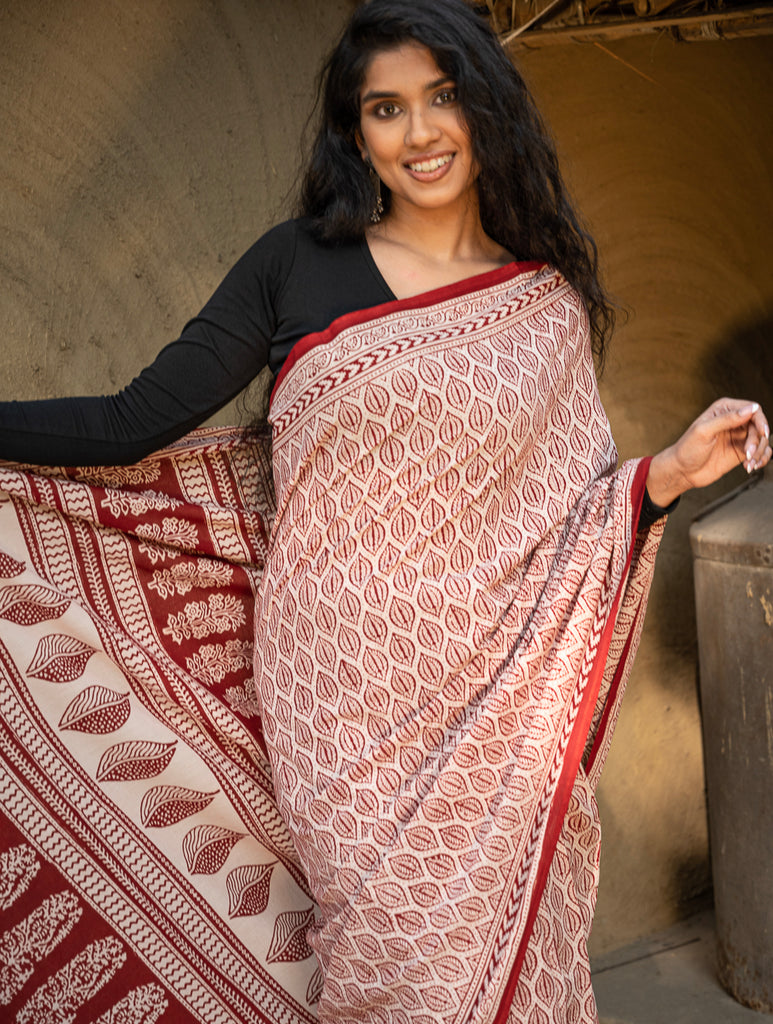 Exclusive Bagh Hand Block Printed Cotton Saree - Leaf Ornate