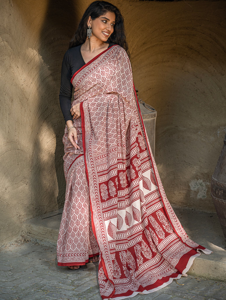 Exclusive Bagh Hand Block Printed Cotton Saree - Leaf Ornate