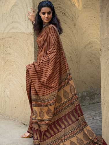 Exclusive Bagh Hand Block Printed Cotton Saree - Mustard Vines