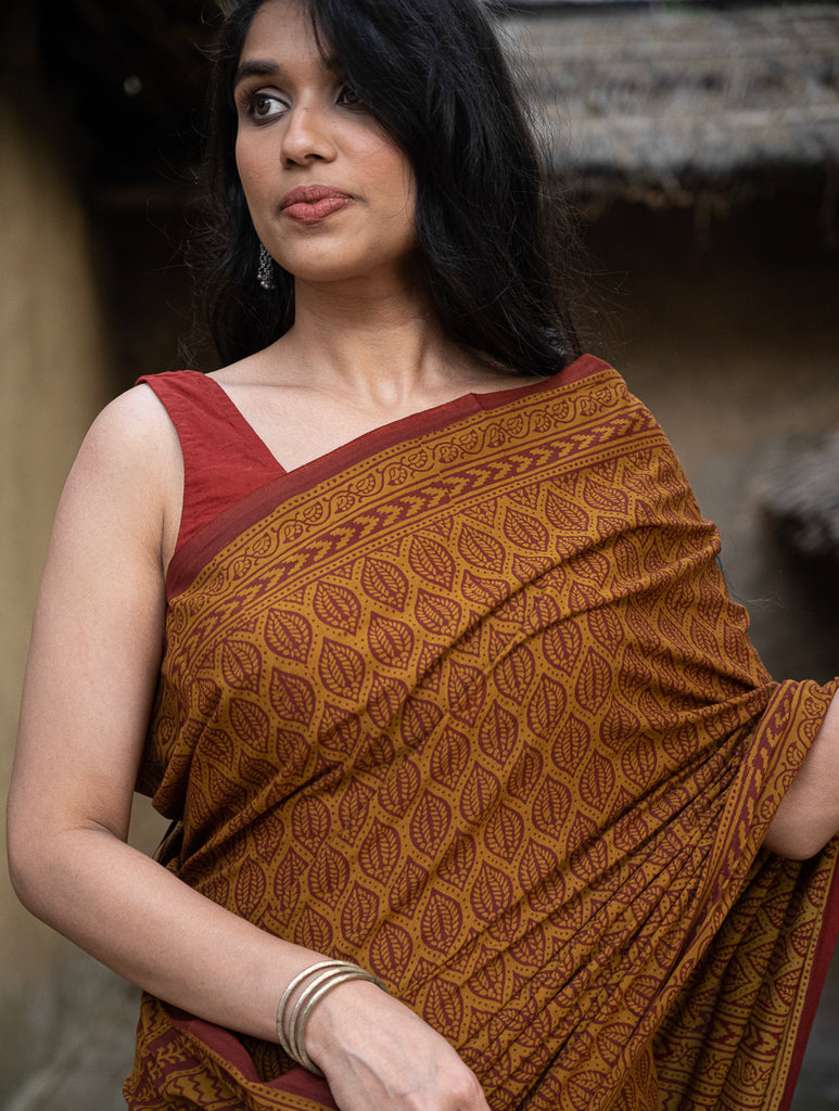 Exclusive Bagh Hand Block Printed Cotton Saree - Ornate Leaf