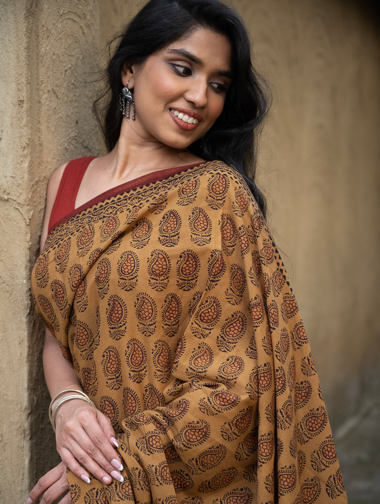 Exclusive Bagh Hand Block Printed Cotton Saree - Paisley Appeal