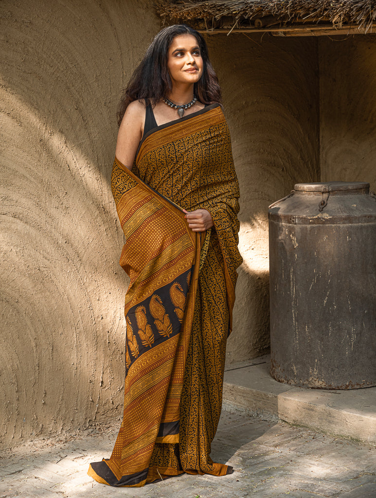Exclusive Bagh Hand Block Printed Cotton Saree - Paisley Jaal