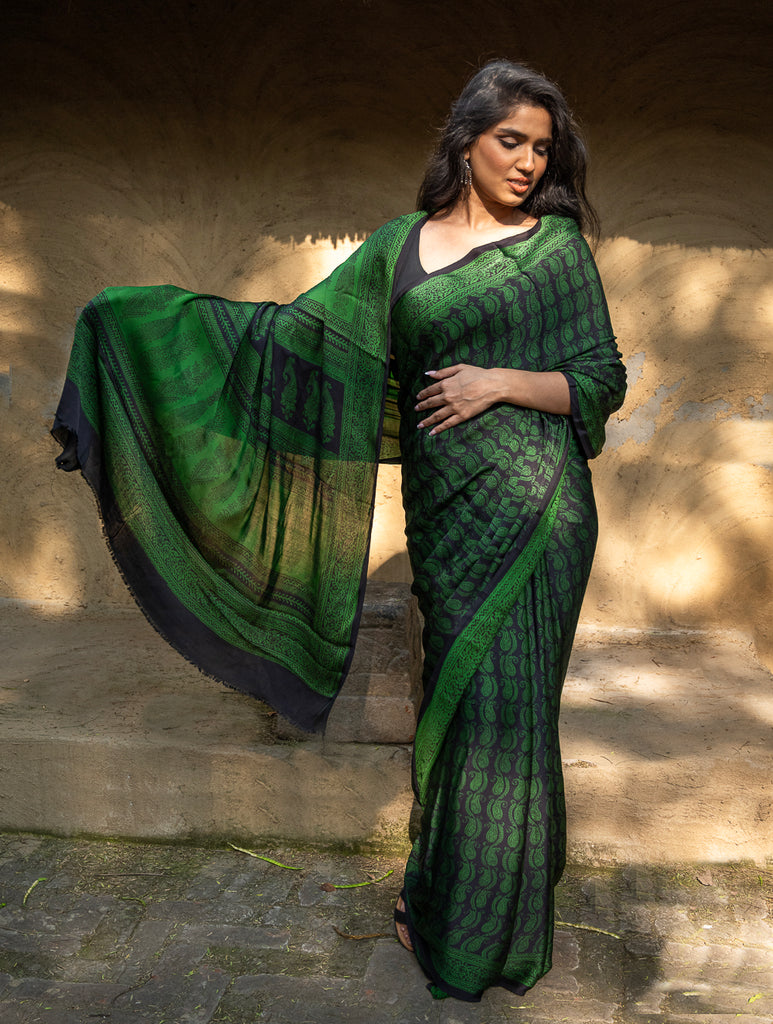 Exclusive Bagh Hand Block Printed Cotton Saree - Paisley Vines
