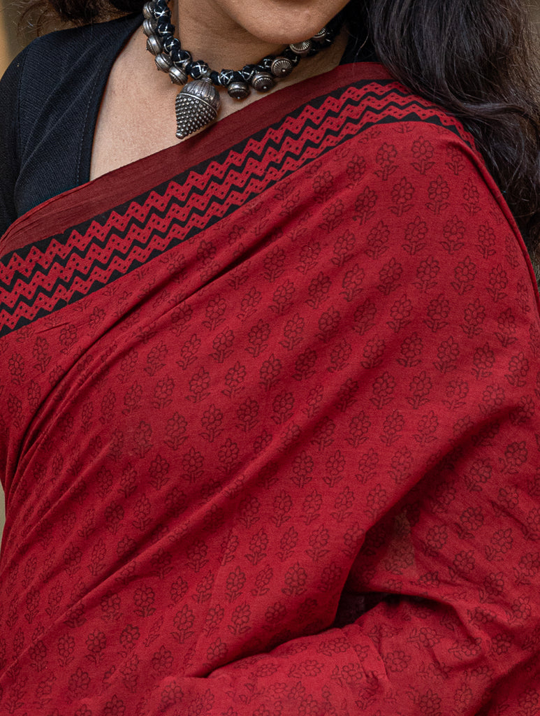 Exclusive Bagh Hand Block Printed Cotton Saree - Red Flora