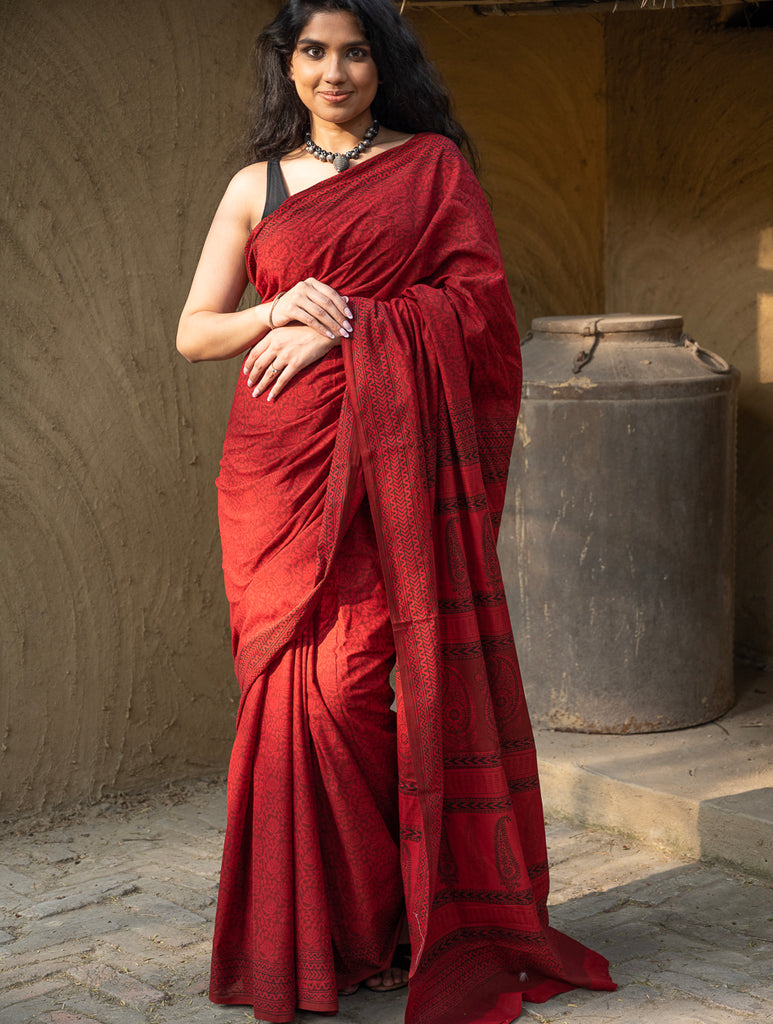 Exclusive Bagh Hand Block Printed Cotton Saree - Red Floral