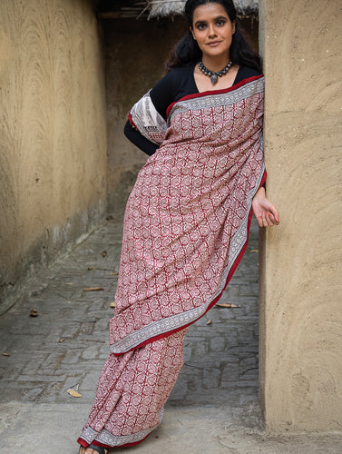 Exclusive Bagh Hand Block Printed Cotton Saree - Red Floral