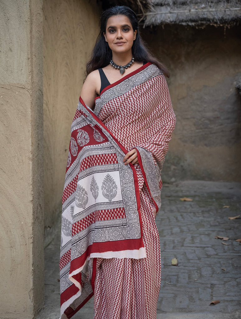 Exclusive Bagh Hand Block Printed Cotton Saree - Red Zigzags