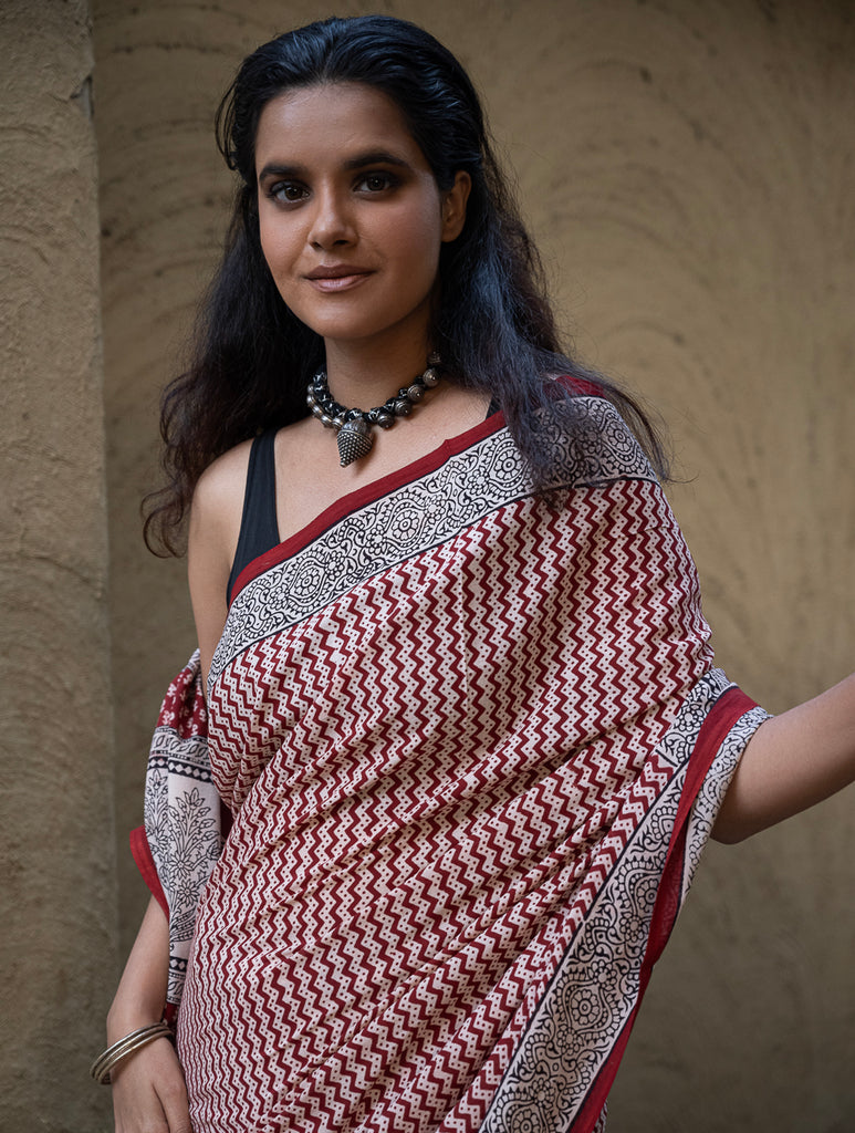 Exclusive Bagh Hand Block Printed Cotton Saree - Red Zigzags