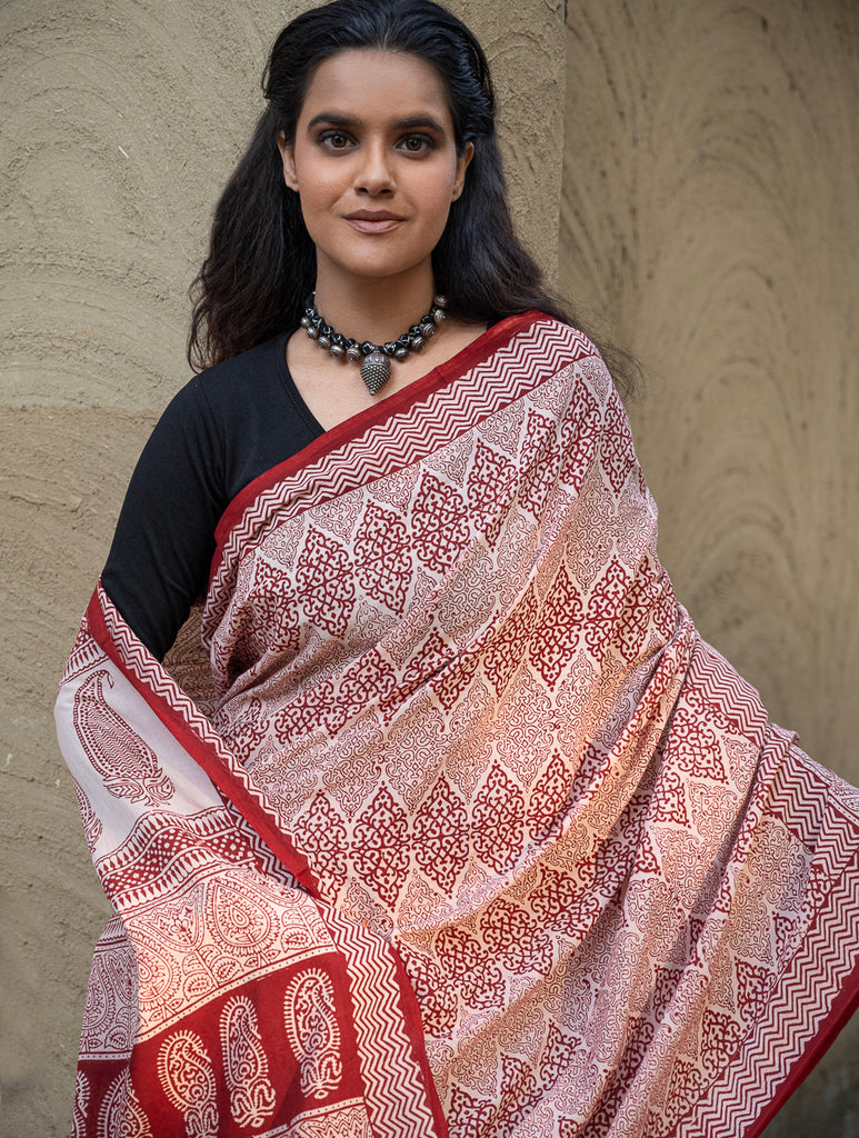 Exclusive Bagh Hand Block Printed Cotton Saree - Royal Ornate