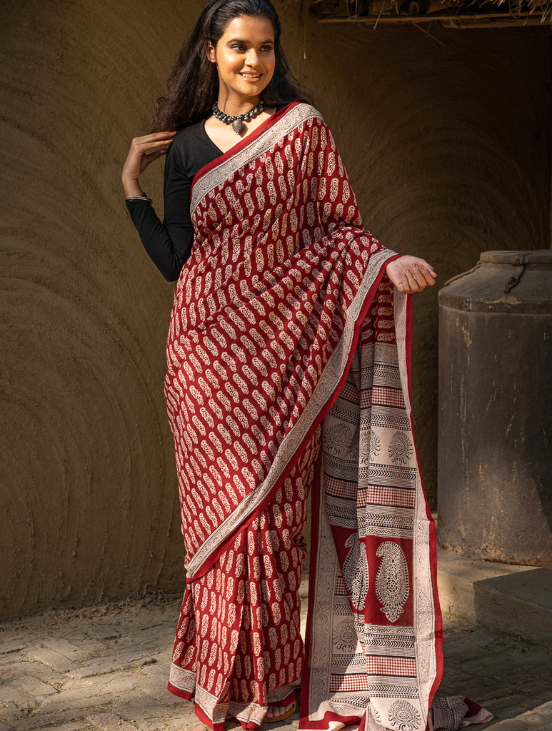 Exclusive Bagh Hand Block Printed Cotton Saree - White Floral