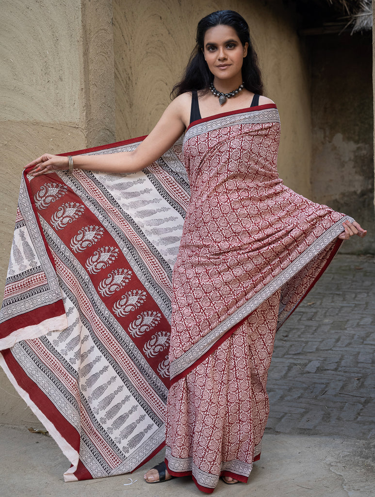 Exclusive Bagh Hand Block Printed Cotton Saree - White Floral