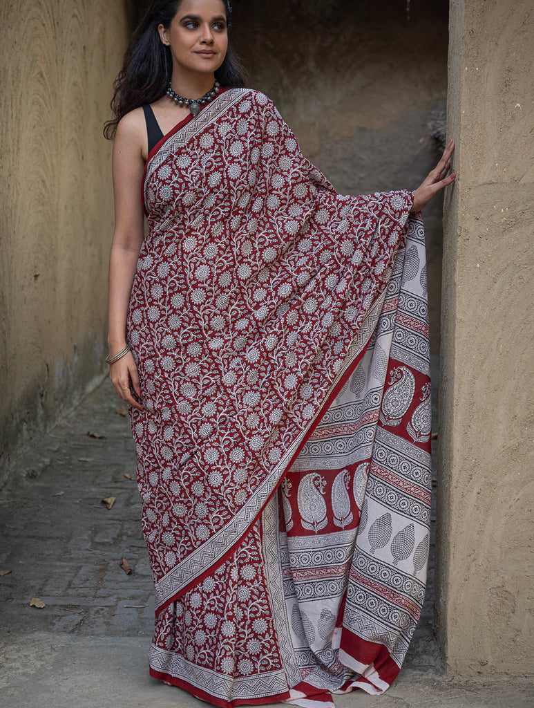 Exclusive Bagh Hand Block Printed Cotton Saree - White Flowers