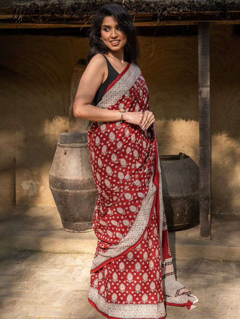 Exclusive Bagh Hand Block Printed Cotton Saree -  Floral Appeal
