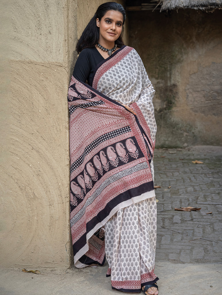 Exclusive Bagh Hand Block Printed Modal Silk Saree - Beige Florets