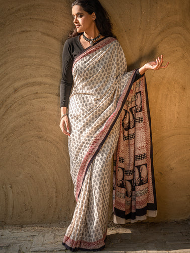 Exclusive Bagh Hand Block Printed Modal Silk Saree - Beige Florets
