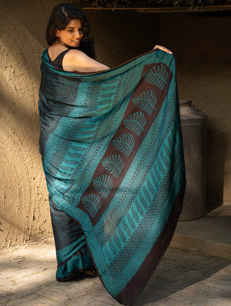 Exclusive Bagh Hand Block Printed Modal Silk Saree - Brown Squares