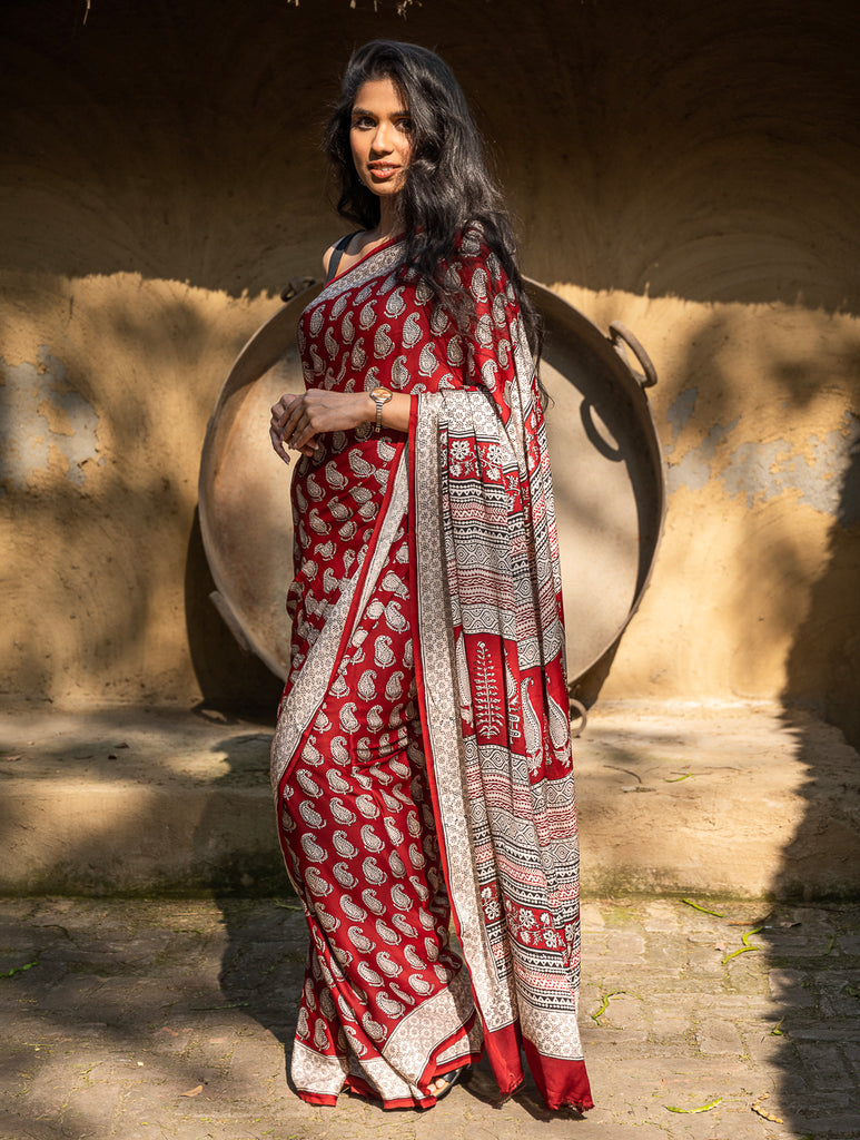 Exclusive Bagh Hand Block Printed Modal Silk Saree - Classic Paisley