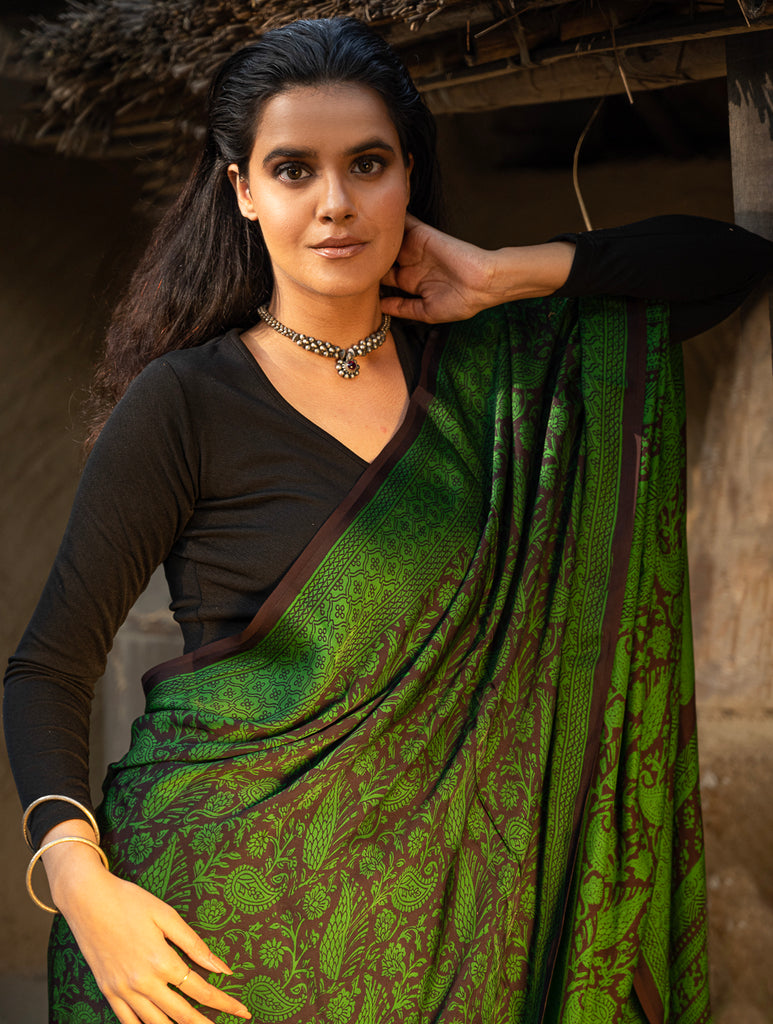 Exclusive Bagh Hand Block Printed Modal Silk Saree - Green Mesh