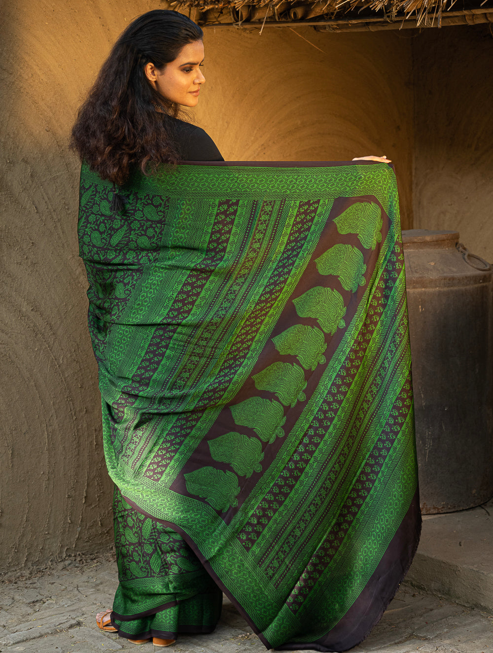Load image into Gallery viewer, Exclusive Bagh Hand Block Printed Modal Silk Saree - Green Mesh