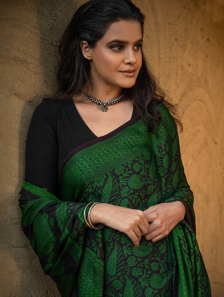Exclusive Bagh Hand Block Printed Modal Silk Saree - Green Mesh