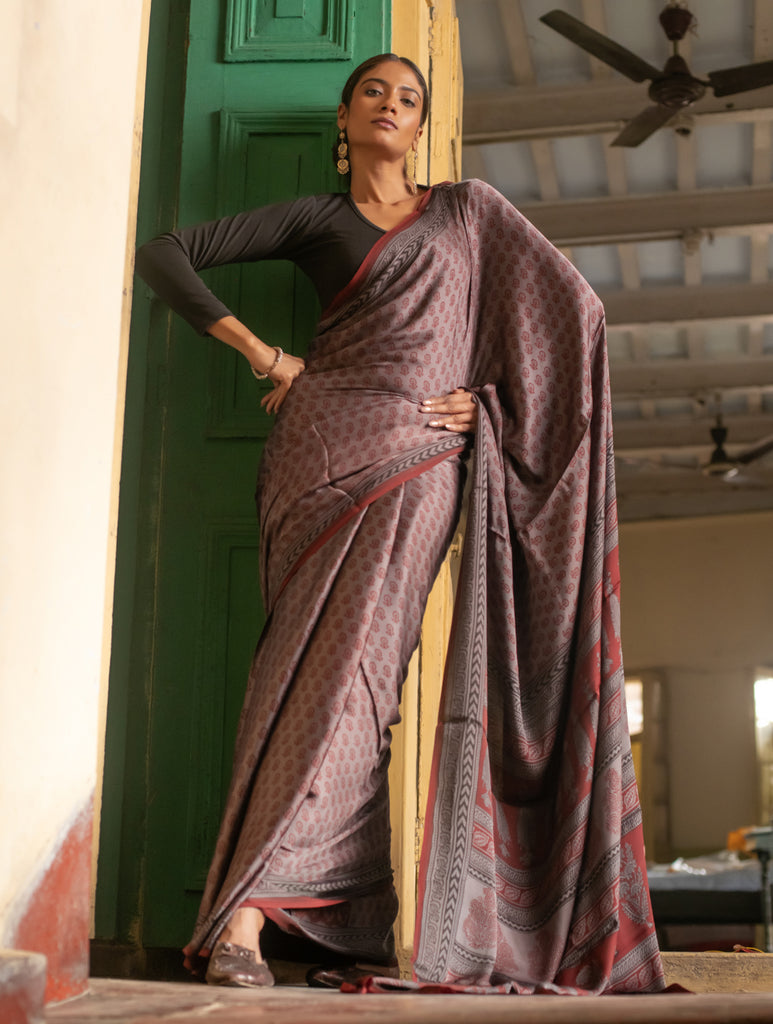 Exclusive Bagh Hand Block Printed Modal Silk Saree - Grey Flora