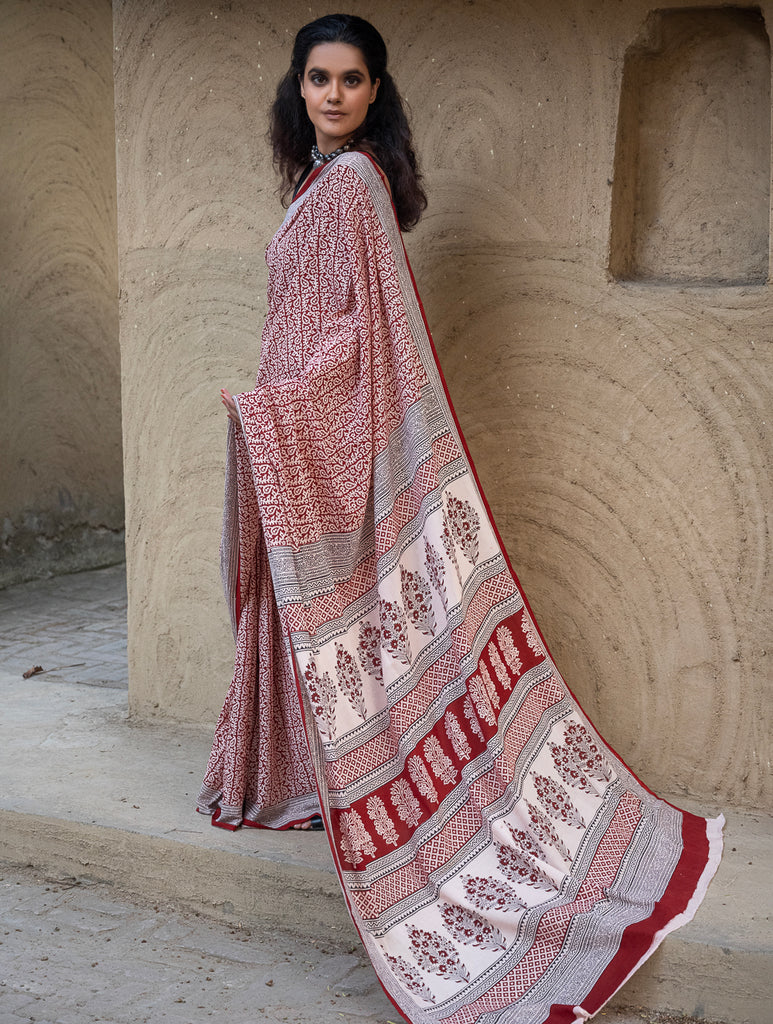 Exclusive Bagh Hand Block Printed Modal Silk Saree - Paisley Jaal
