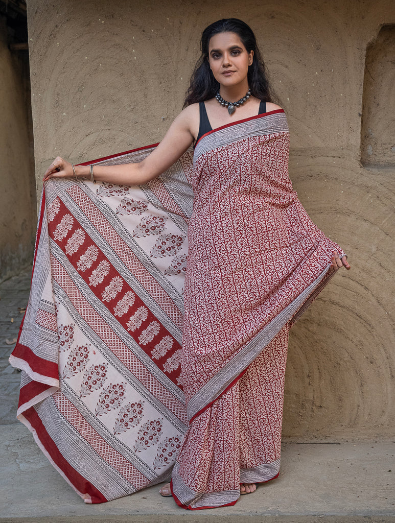 Exclusive Bagh Hand Block Printed Modal Silk Saree - Paisley Jaal