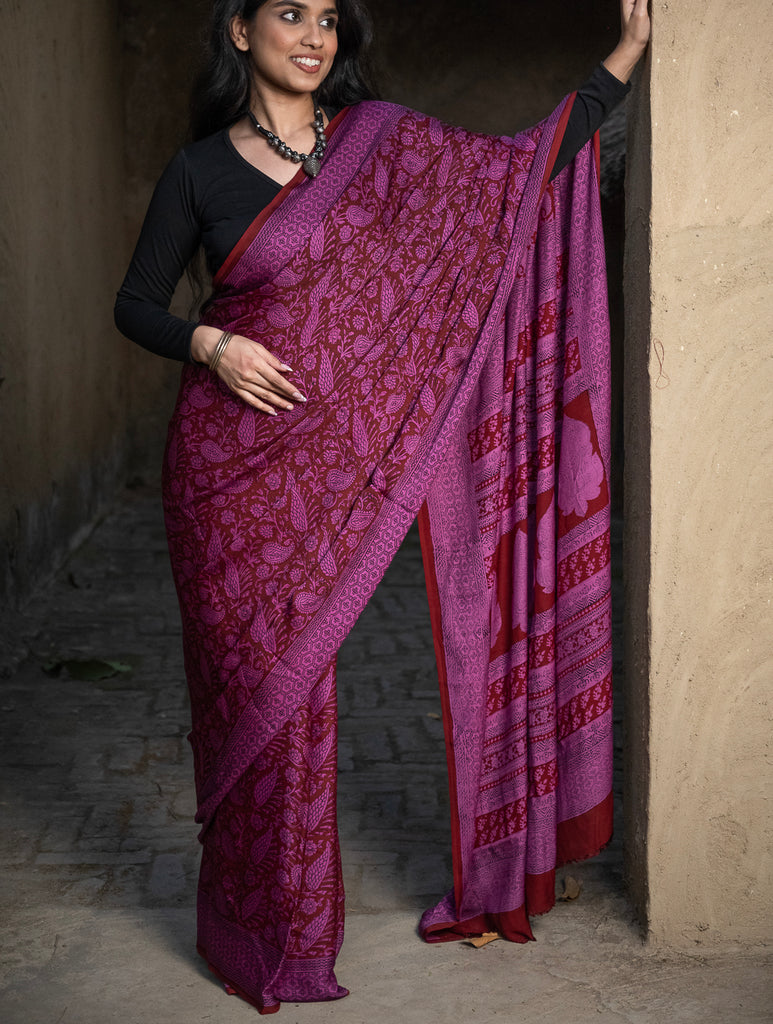 Exclusive Bagh Hand Block Printed Modal Silk Saree - Paisley Mesh