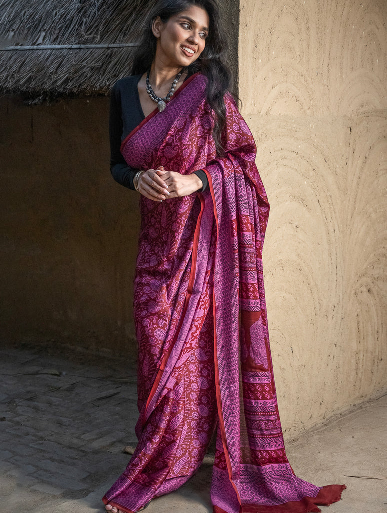 Exclusive Bagh Hand Block Printed Modal Silk Saree - Paisley Mesh