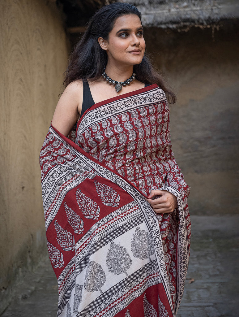 Exclusive Bagh Hand Block Printed Modal Silk Saree - Paisleys