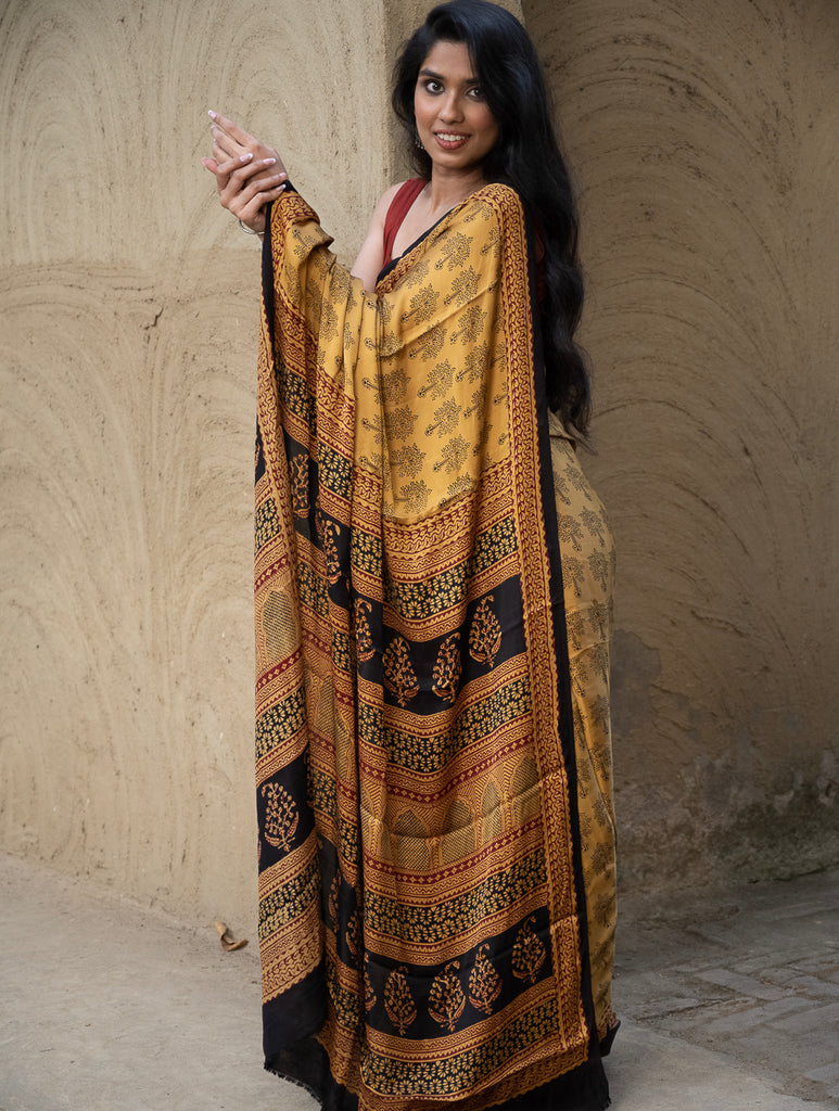 Exclusive Bagh Hand Block Printed Modal Silk Saree - Tree Motifs