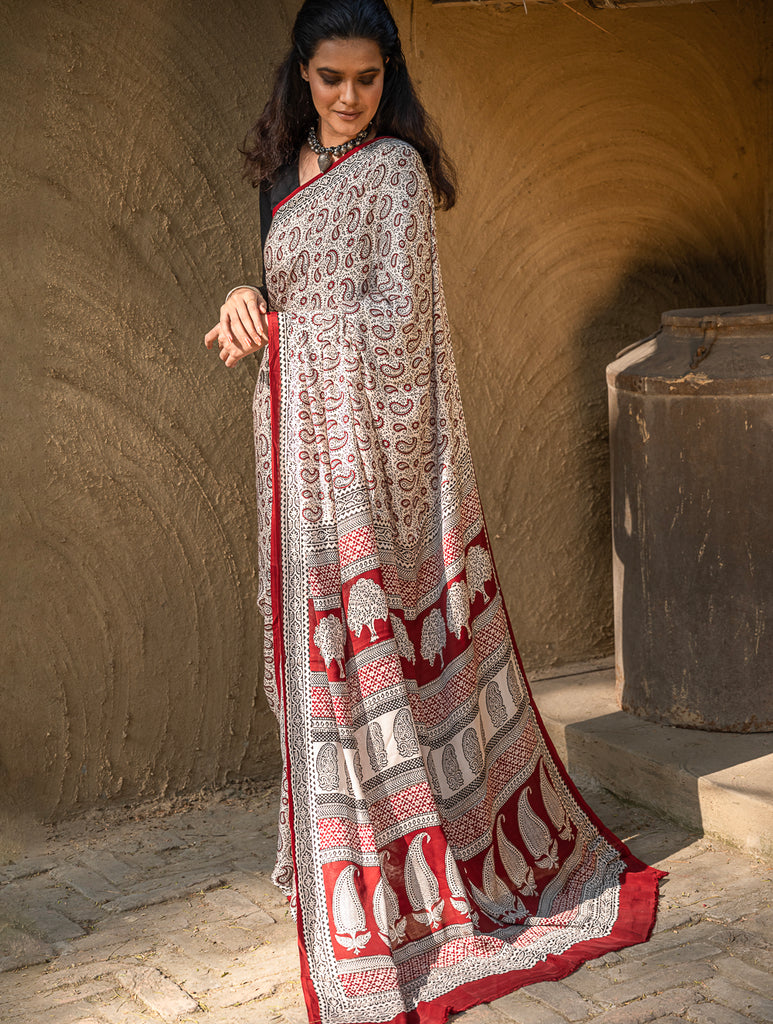 Exclusive Bagh Hand Block Printed Modal Silk Saree - White Paisleys 