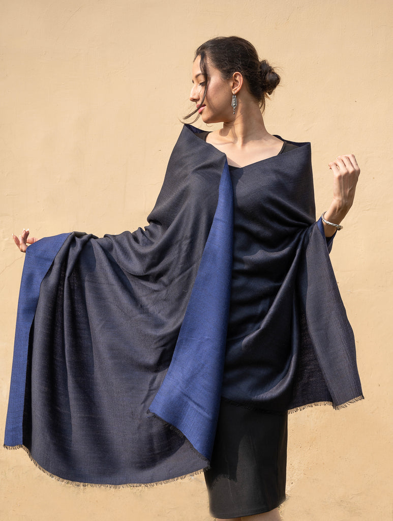 Exclusive Reversible Soft Kashmiri Wool Shawl - Deep Blue & Black