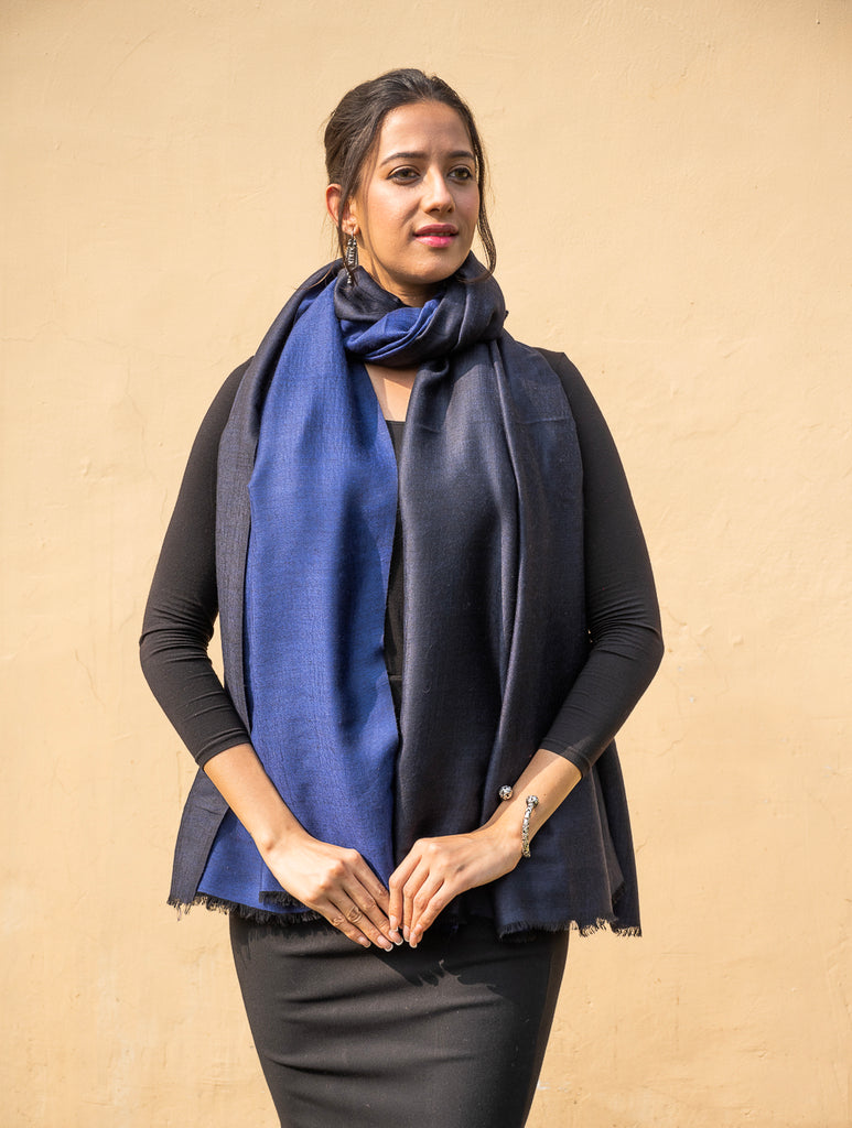 Exclusive Reversible Soft Kashmiri Wool Shawl - Deep Blue & Black