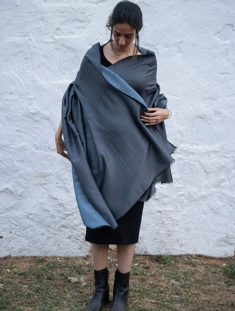Load image into Gallery viewer, Exclusive Reversible Soft Kashmiri Wool Shawl - Soft Blue &amp; Grey