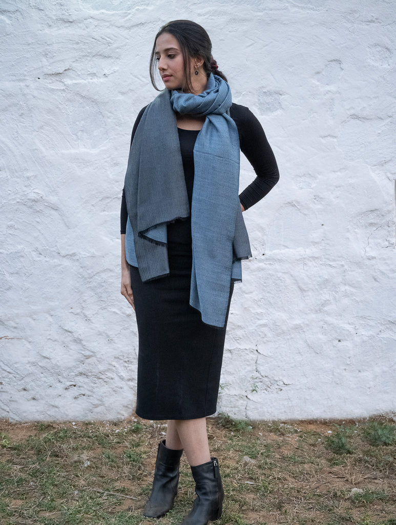 Exclusive Reversible Soft Kashmiri Wool Shawl - Soft Blue & Grey