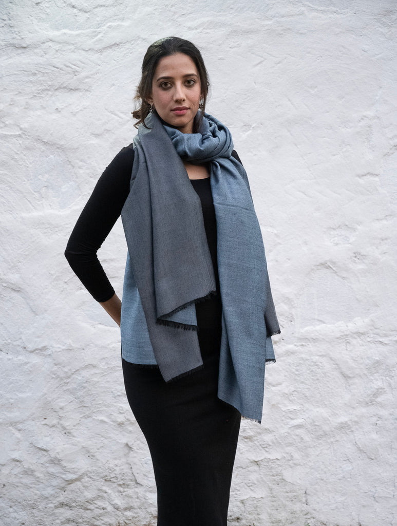 Exclusive Reversible Soft Kashmiri Wool Shawl - Soft Blue & Grey