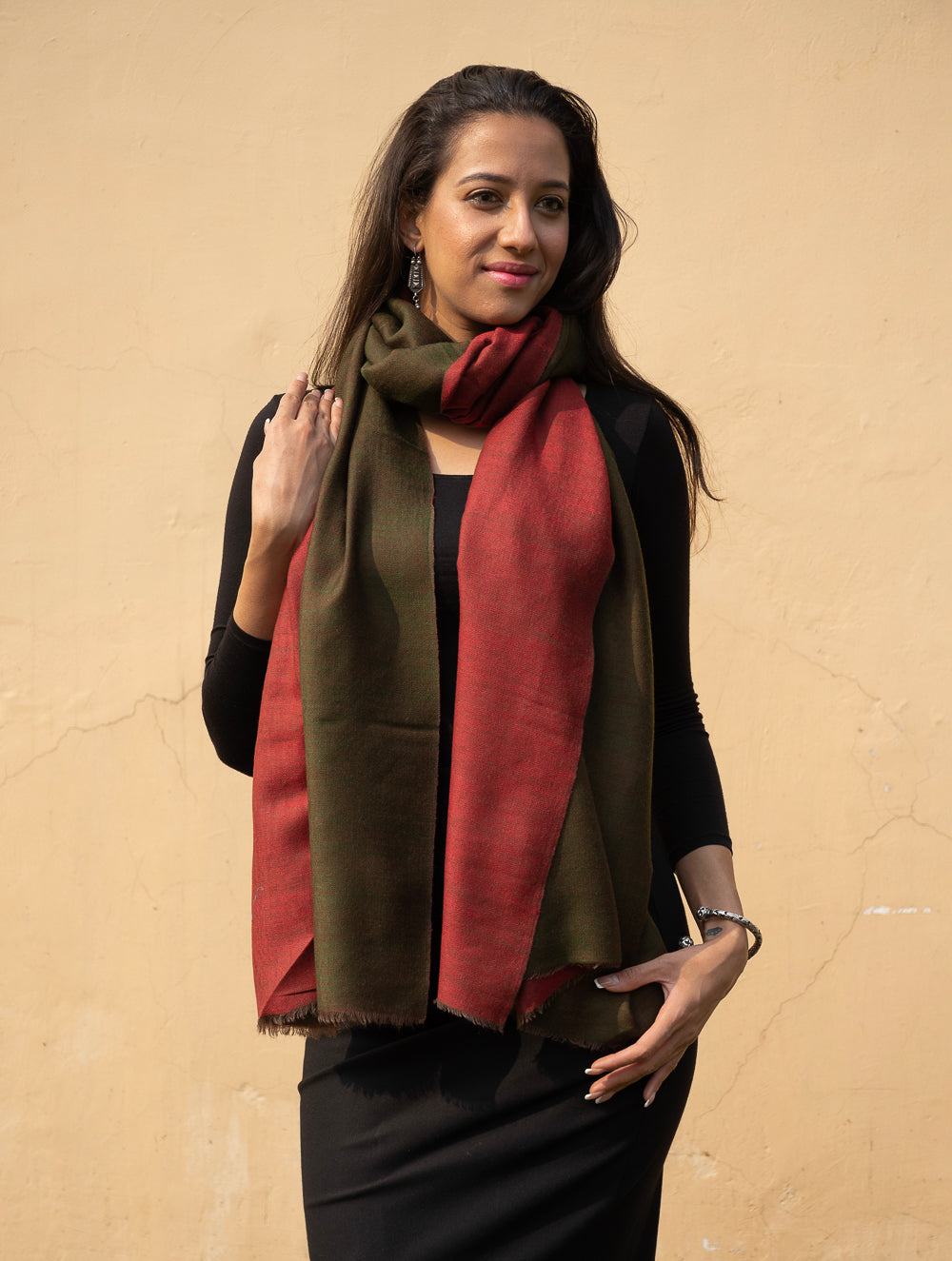 Load image into Gallery viewer, Exclusive Reversible Soft Kashmiri Wool Stole - Deep Red &amp; Olive